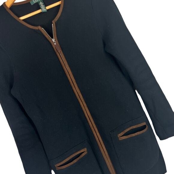 LAUREN RALPH LAUREN Womens S Black Full Zip Brown Faux Suede Trim Pocket Sweater - Picture 1 of 5